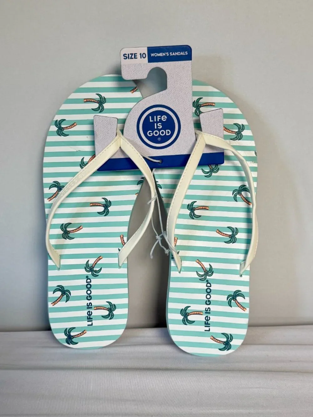 NWT 10 Women's LIFE IS GOOD Palm Trees Flip-Flops Sandals Tropical Green Stripe